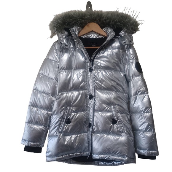 DIESEL Girls Silver Metallic Puffer Removable Faux Fur Jacket Size 14 - Picture 2 of 6